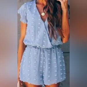 Swiss Dot Pom Light Blue Wrap Style Romper L Only Worn A Couple Times